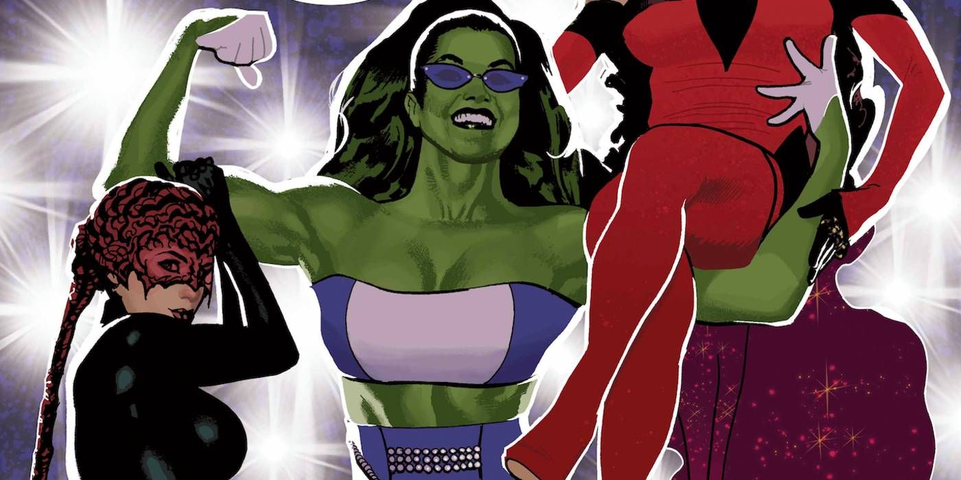 Accompanied by Black Widow and Scarlet Witch, She-Hulk is showing off her Hellfire Gala outfit -- and her muscles -- in an Adam Hughes variant cover.
