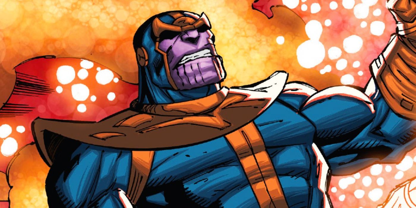 Thanos standing menacingly against a cosmic background in Marvel Comics