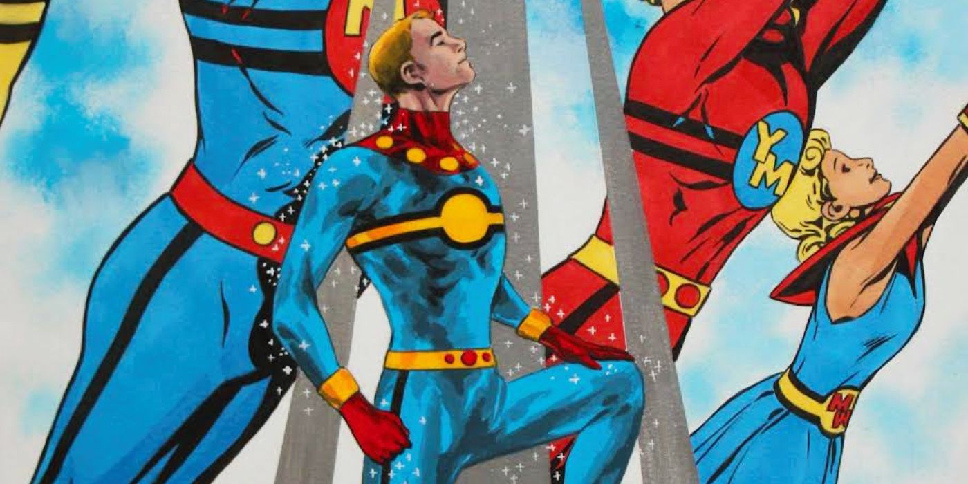 Idyllic images of Miracleman, Young Miracleman, and Miraclewoman in Marvel Comics.