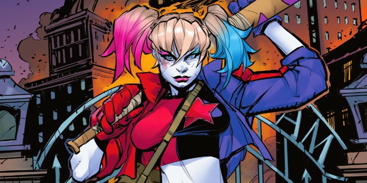 Harley Quinn grips the wooden bat she has slung over her shoulder.