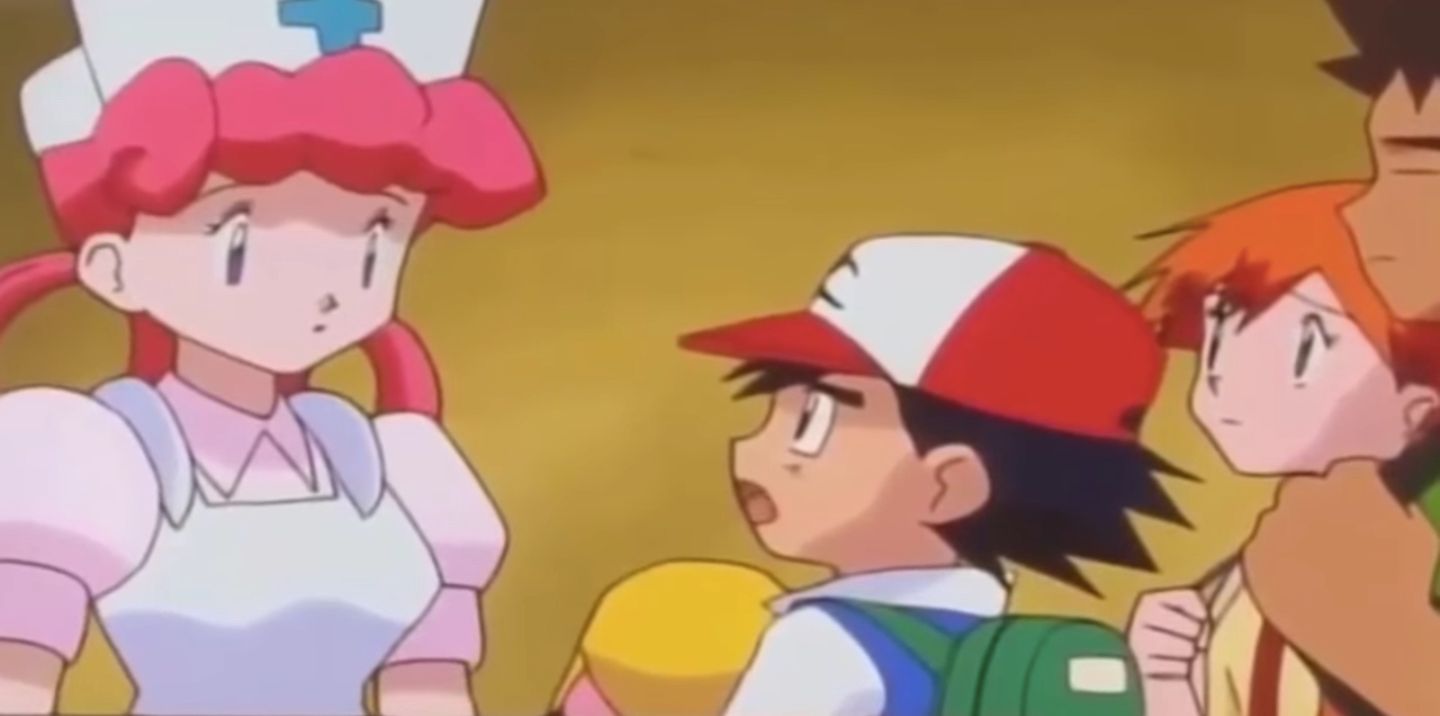 Ash talking to Nurse Joy about Pikachu with Misty and Brock in the Pokémon anime