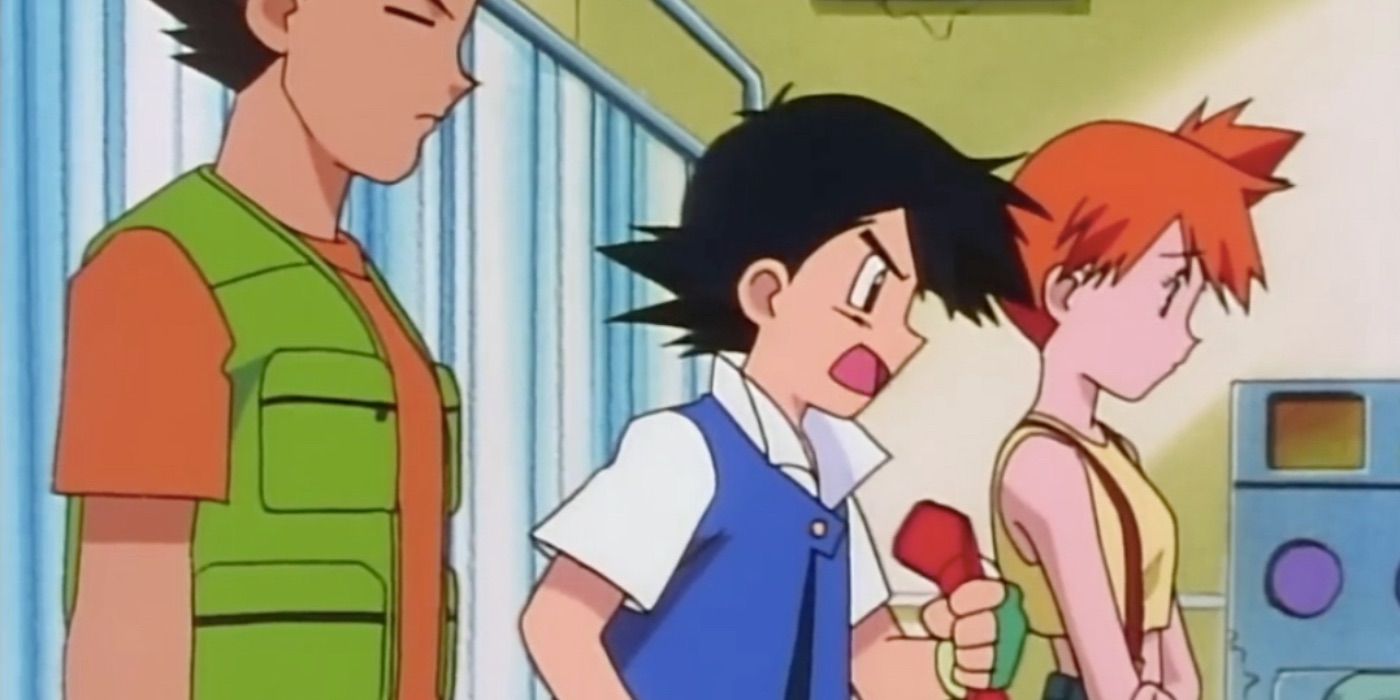 Ash clutching hat and ranting along Brock and Misty in the Pokémon Anime