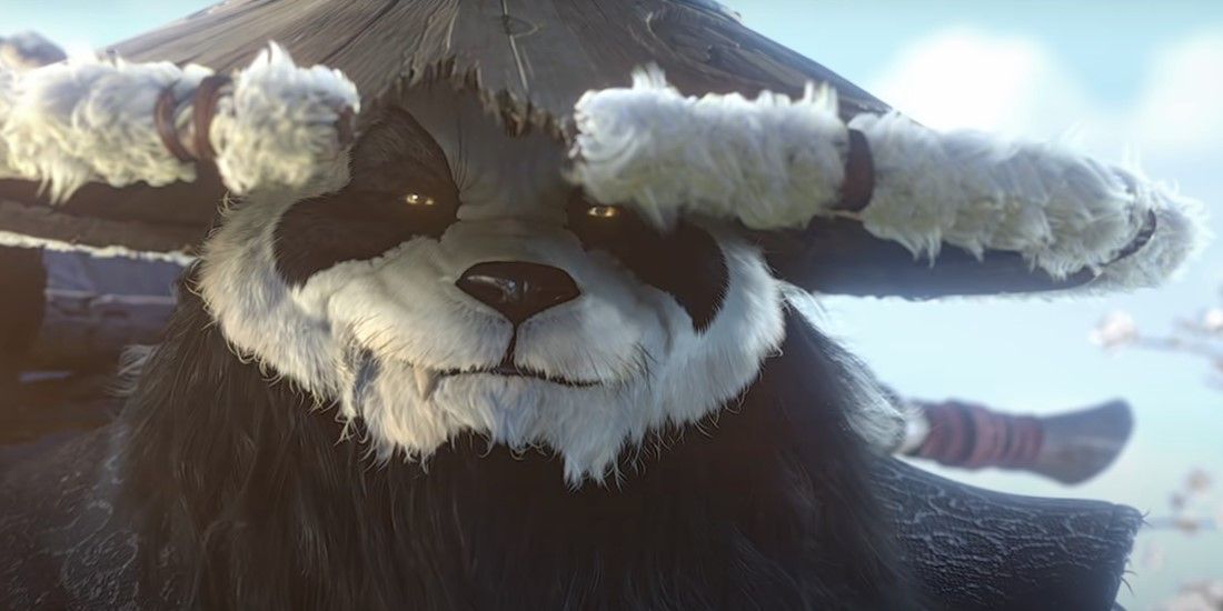 World of Warcraft Mists of Pandaria; the pandaren Chen Stormstout backed by sky and cherry blossoms