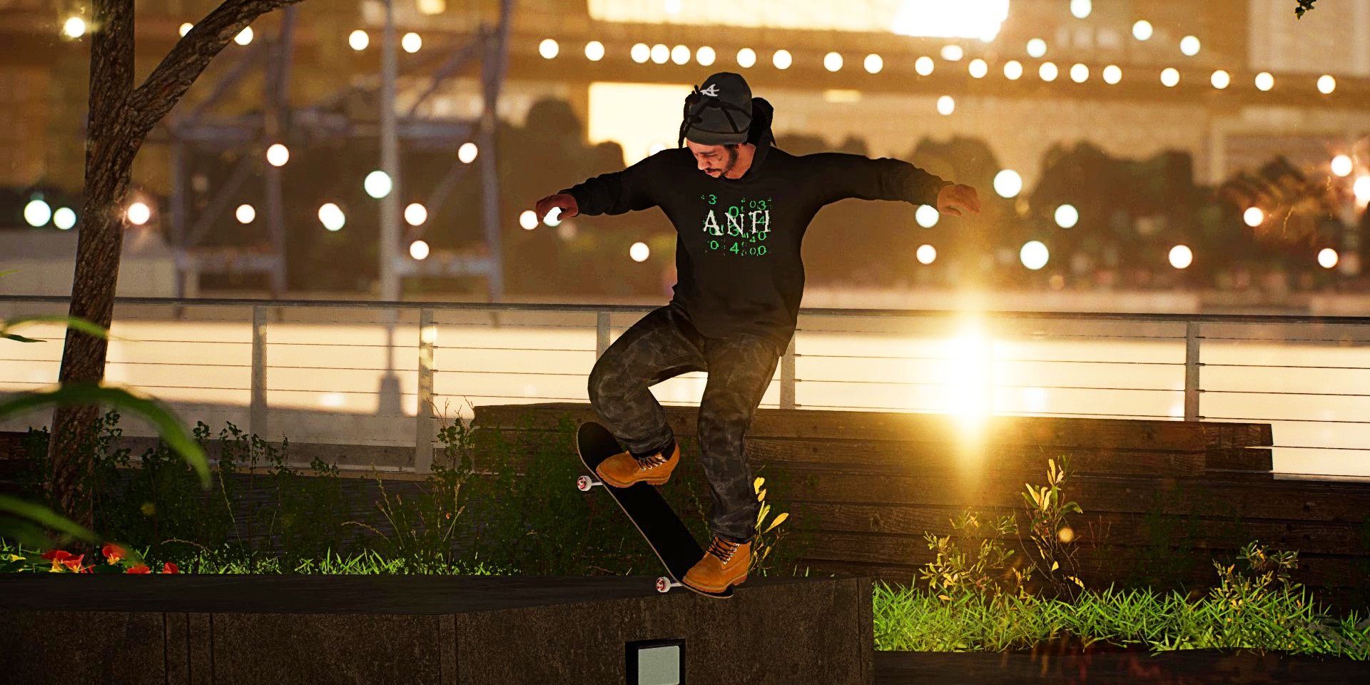 Screenshot depicting a custom skater performing a tailslide or a manual, as seen in Session: Skate Sim.