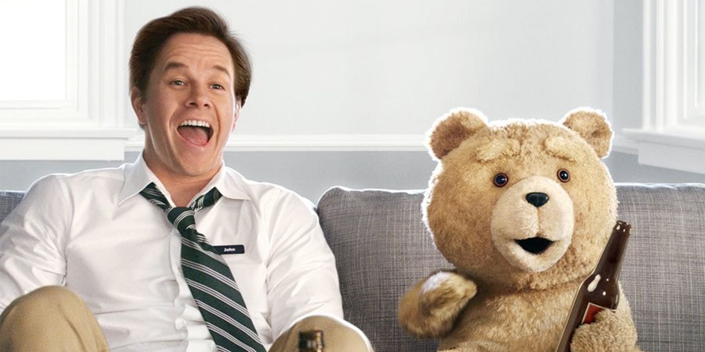 Ted, voiced by Seth MacFarlane, and John, played by Mark Wahlberg, in the film Ted.