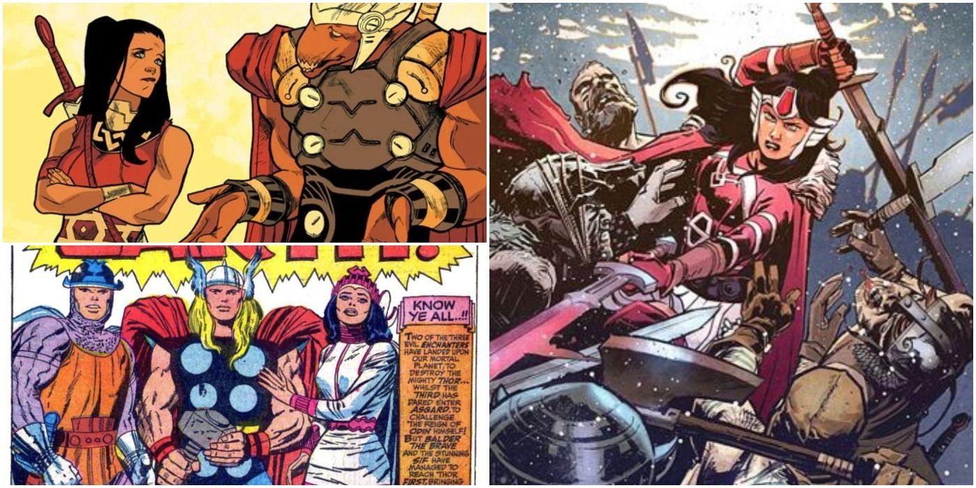 A split image of Sif with Beta Ray Bill, with Thor, and battling in Marvel Comics