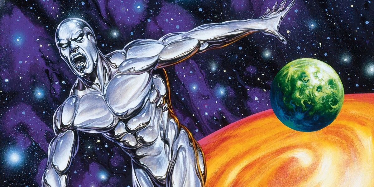 Silver Surfer flys around in space in the Marvel comic storyline, Communion