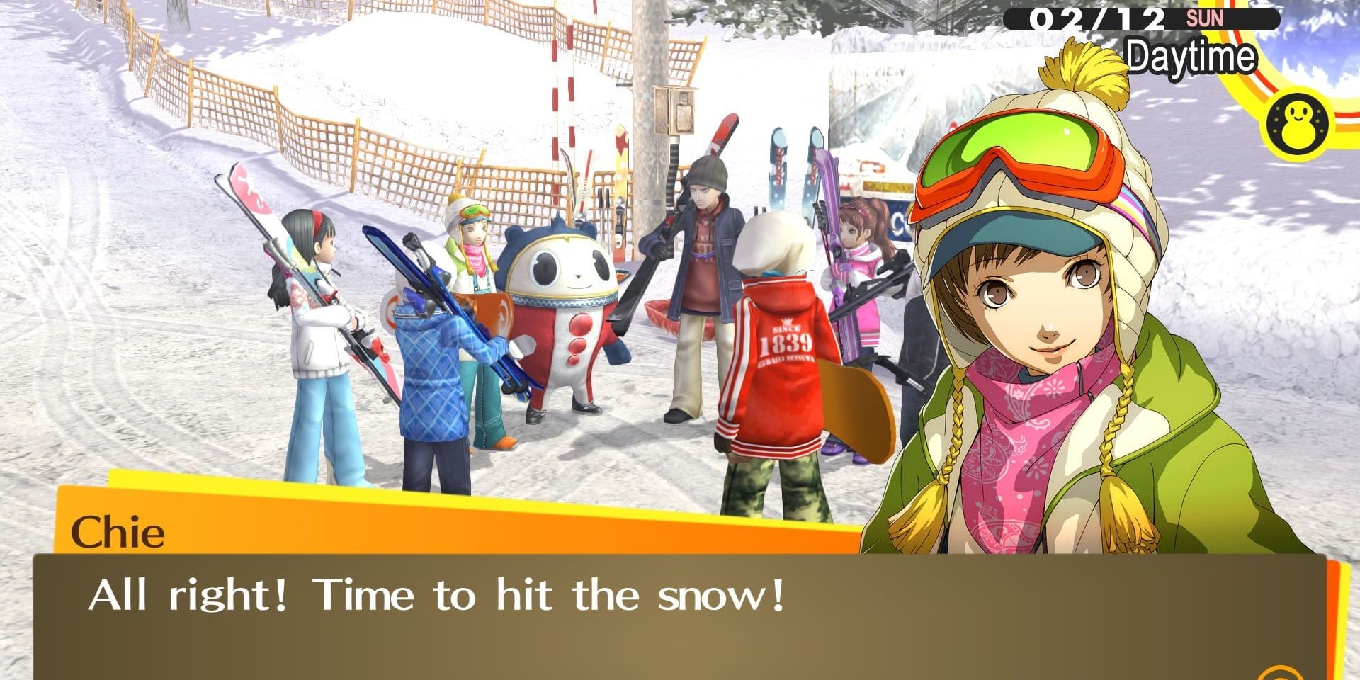 The Investigation Team prepare to ski in Persona 4 Golden
