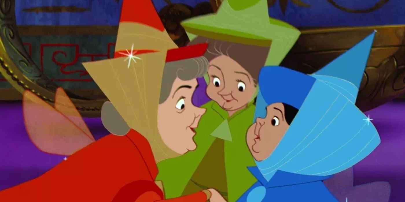 Flora, Fauna, and Merryweather planning Rose's birthday in Disney's Sleeping Beauty. 