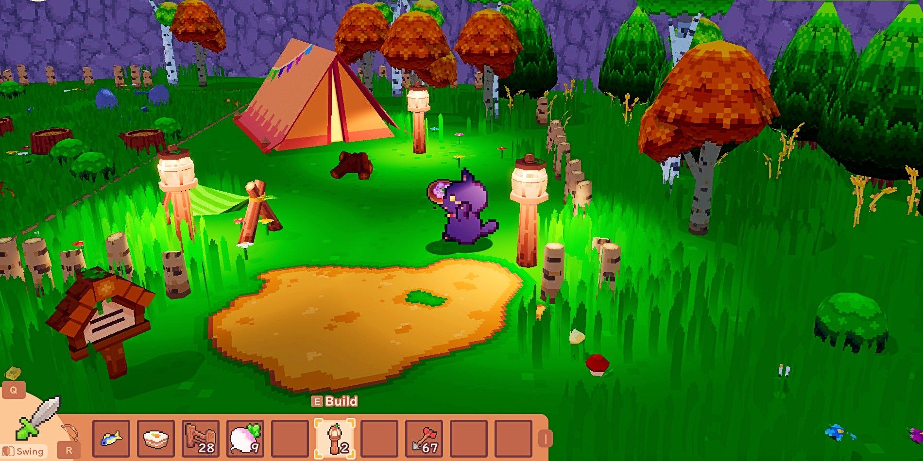 Screenshot depicting Momo in the vicinity of her tent at night, as seen in Snacko: A Farming Cat-venture.