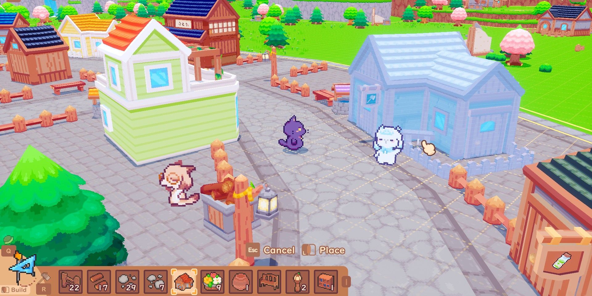 Screenshot depicting Momo placing a new house in town, as seen in Snacko: A Farming Cat-venture.