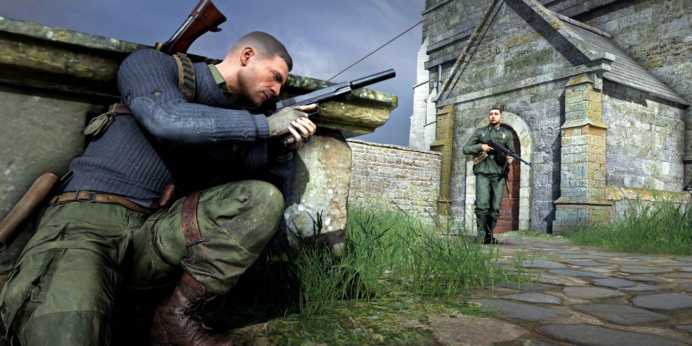 Aproximar-se furtivamente de um inimigo com uma pistola em Sniper Elite 5.