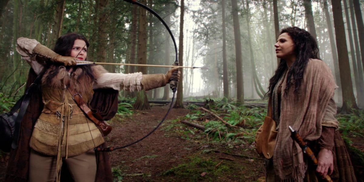 Snow White points an arrow at the Evil Queen from Once Upon A Time