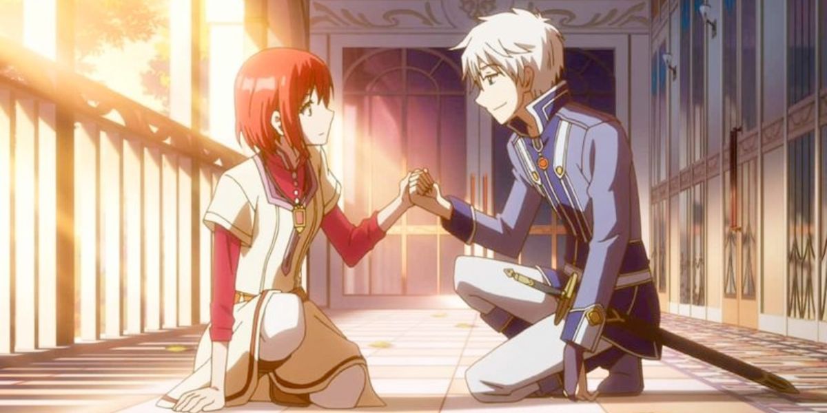 Image features a visual from Snow White and the Red Hair: (From left to right) Shirayuki (short, red hair and cream-colored dress) and Zen (short, white-silver hair and blue and white uniform) are holding hands.