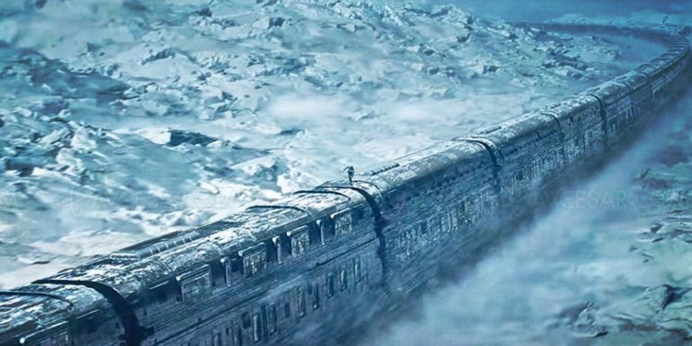 The train from Snowpiercer making its way across the snow covered wasteland