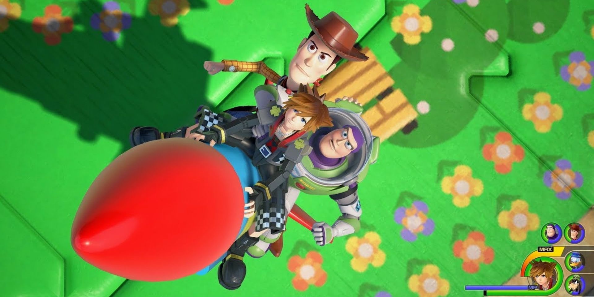 Sora, Woody, and Buzz Lightyear use a rocket attack in Kingdom Hearts III