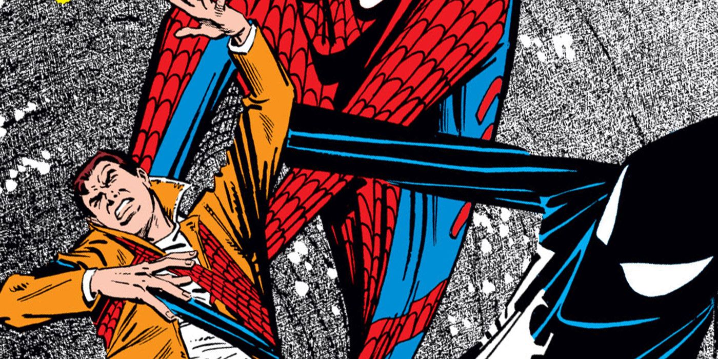 The black suit battles Spider-Man's red and blue costume