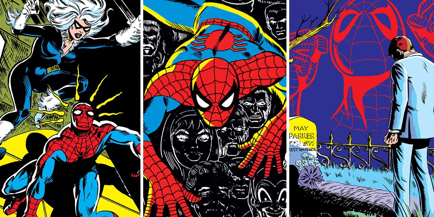 Spider-Man, Peter Parker, and Black Cat on comic covers