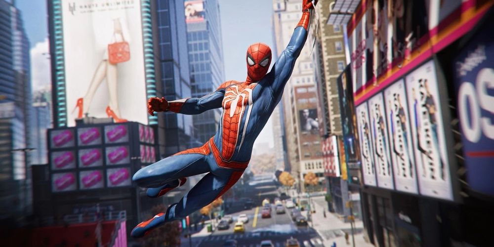 Peter Parker swinging through New York City in Spider-Man PS4 game