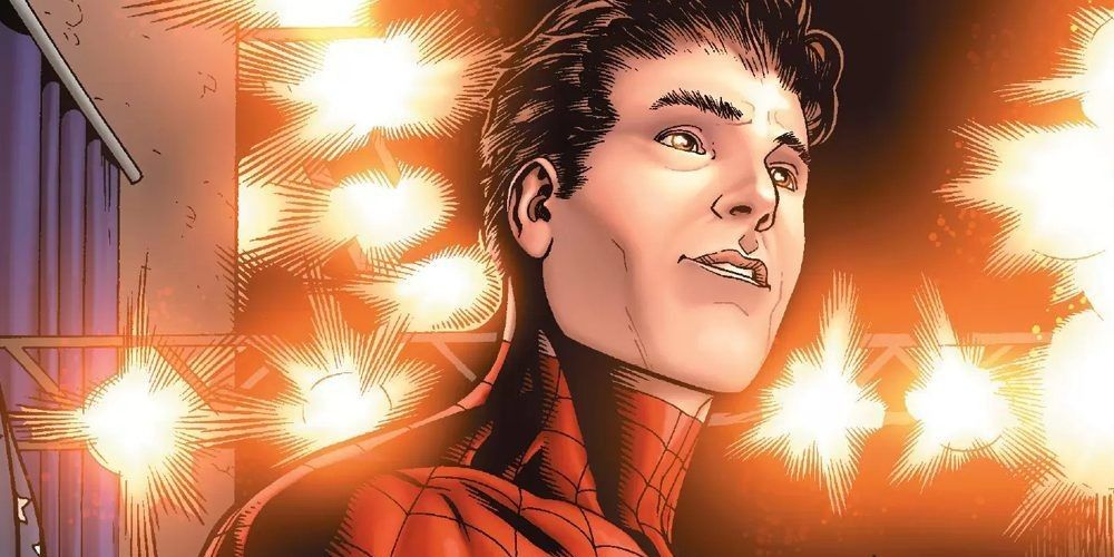 Spider-Man unmasked amid reddish orange bursts of light in Marvel Comics.