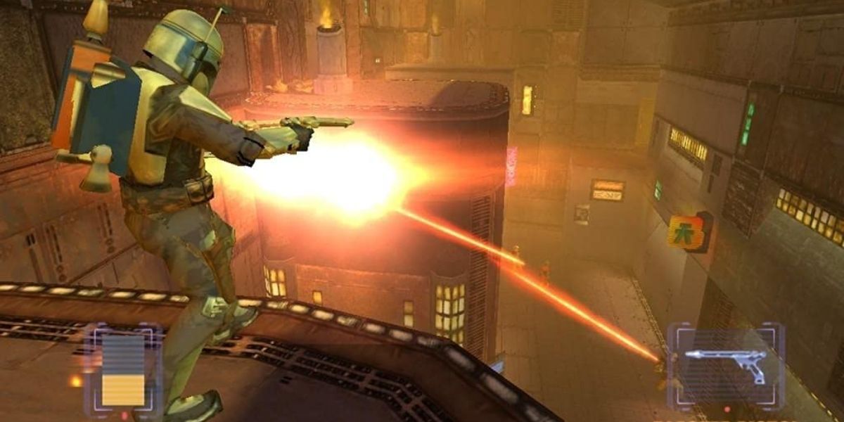 Jango Fett blasts an enemy with his gun in Star Wars: Bounty Hunter