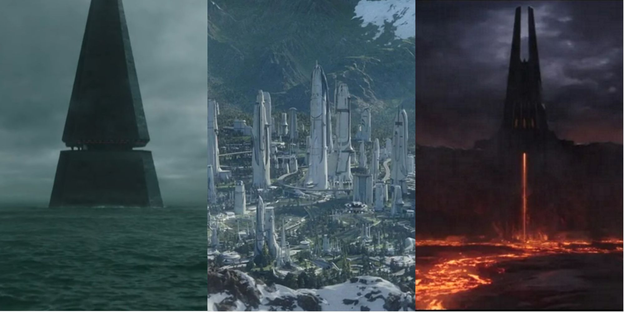 Star Wars Obi-Wan Planets Split Image featuring Nur, Alderaan, and Vader's castle on Mustafar