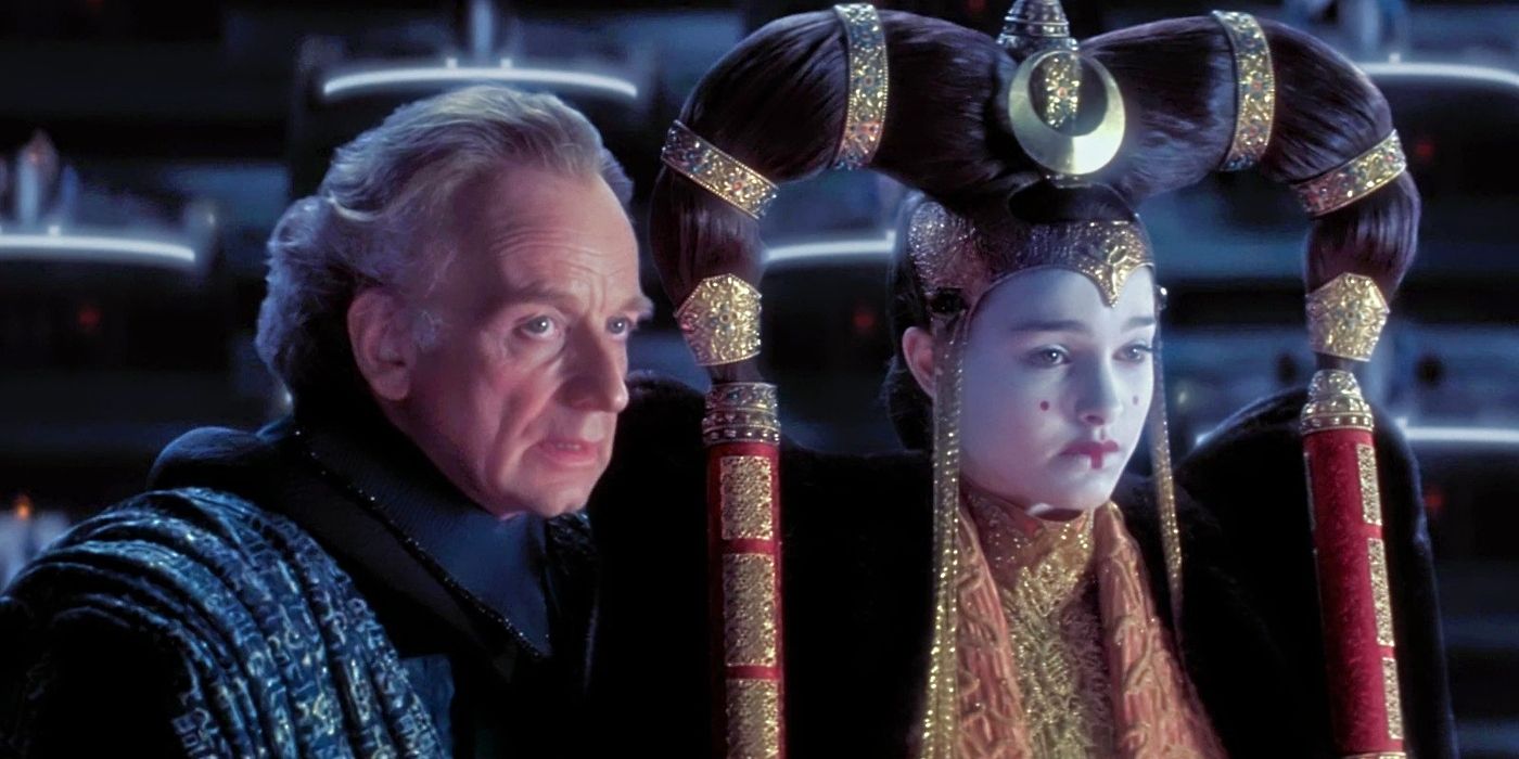 Palpatine and a Queen Amidala sit in the Senate in Star Wars