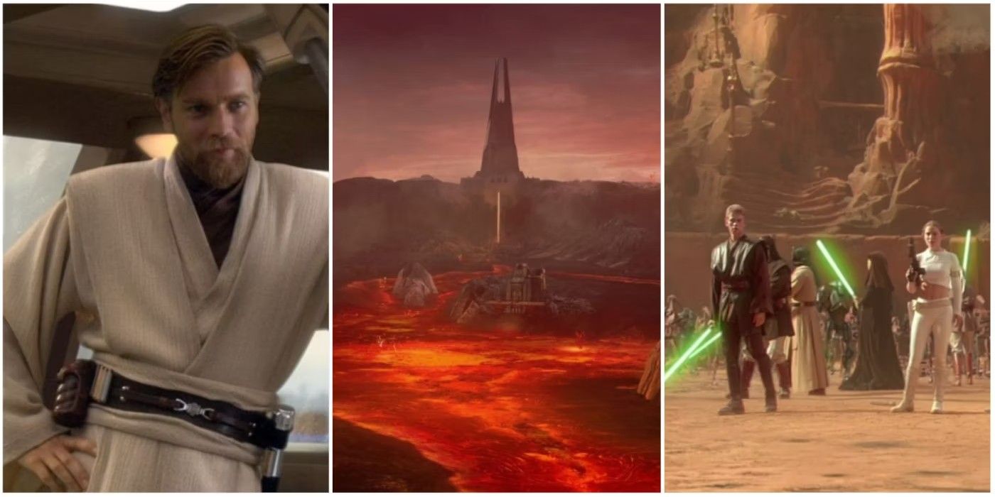 Three shots from the Star Wars prequels showing Ob-Wan, Mustafar, and Anakin and Padme