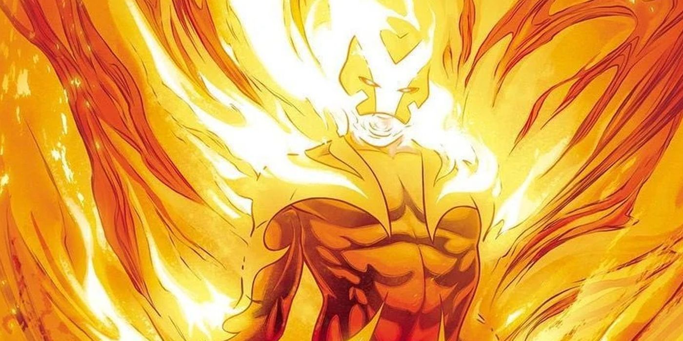 Uma imagem de Sunfire mostrando suas habilidades de chama.