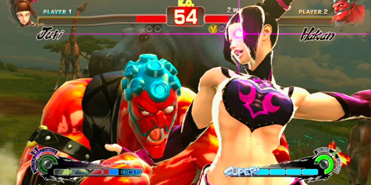 Juri performs an Ultra Combo on Hakan in Super Street Fighter IV