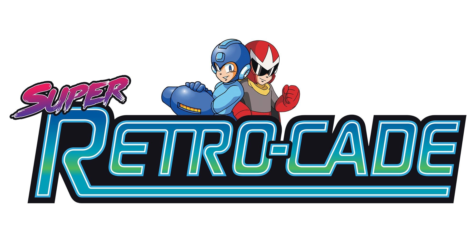Super Retrocade logo with Rockman (Mega Man) and Proto Man.