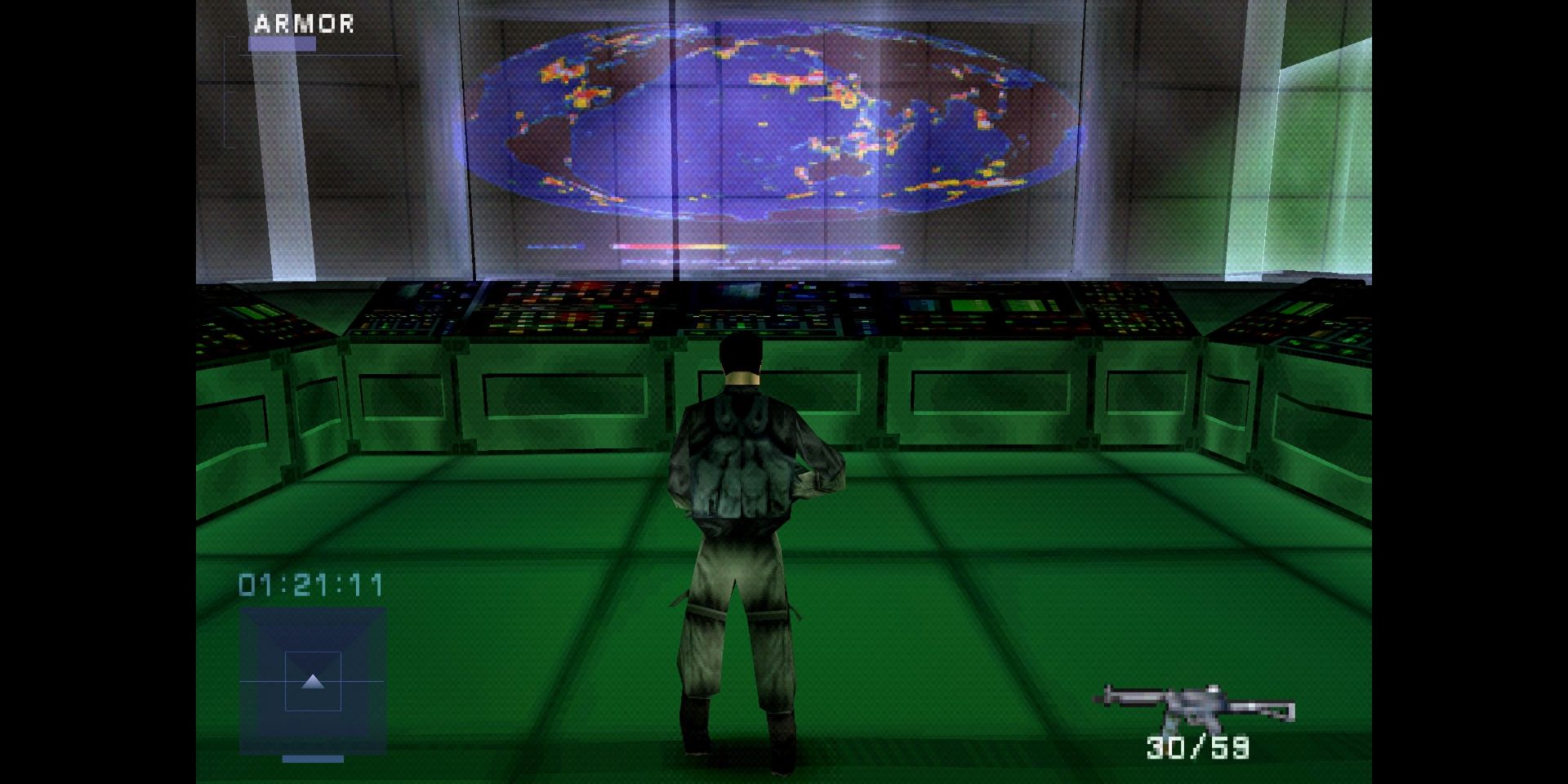 Gabe Logan views a global map in Syphon Filter