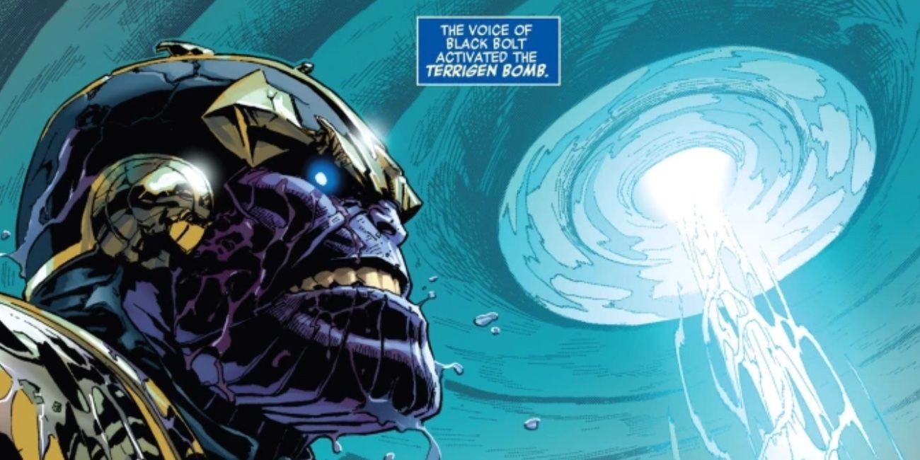 Thanos looking on as Black Bolt activates the Terrigen Bomb in Marvel Comics.