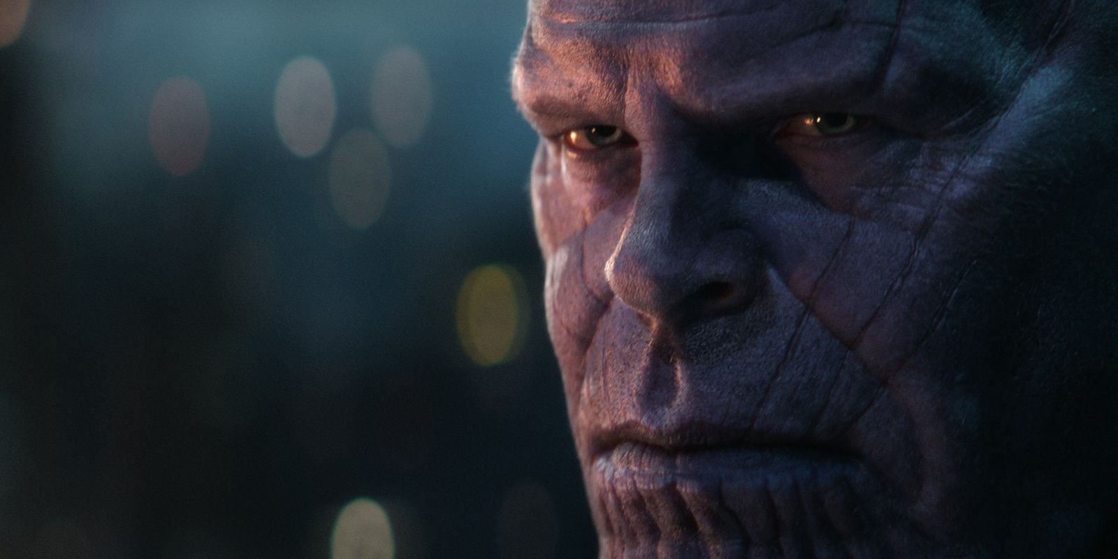 A close-up shot of Thanos' face in Avengers: Infinity War.