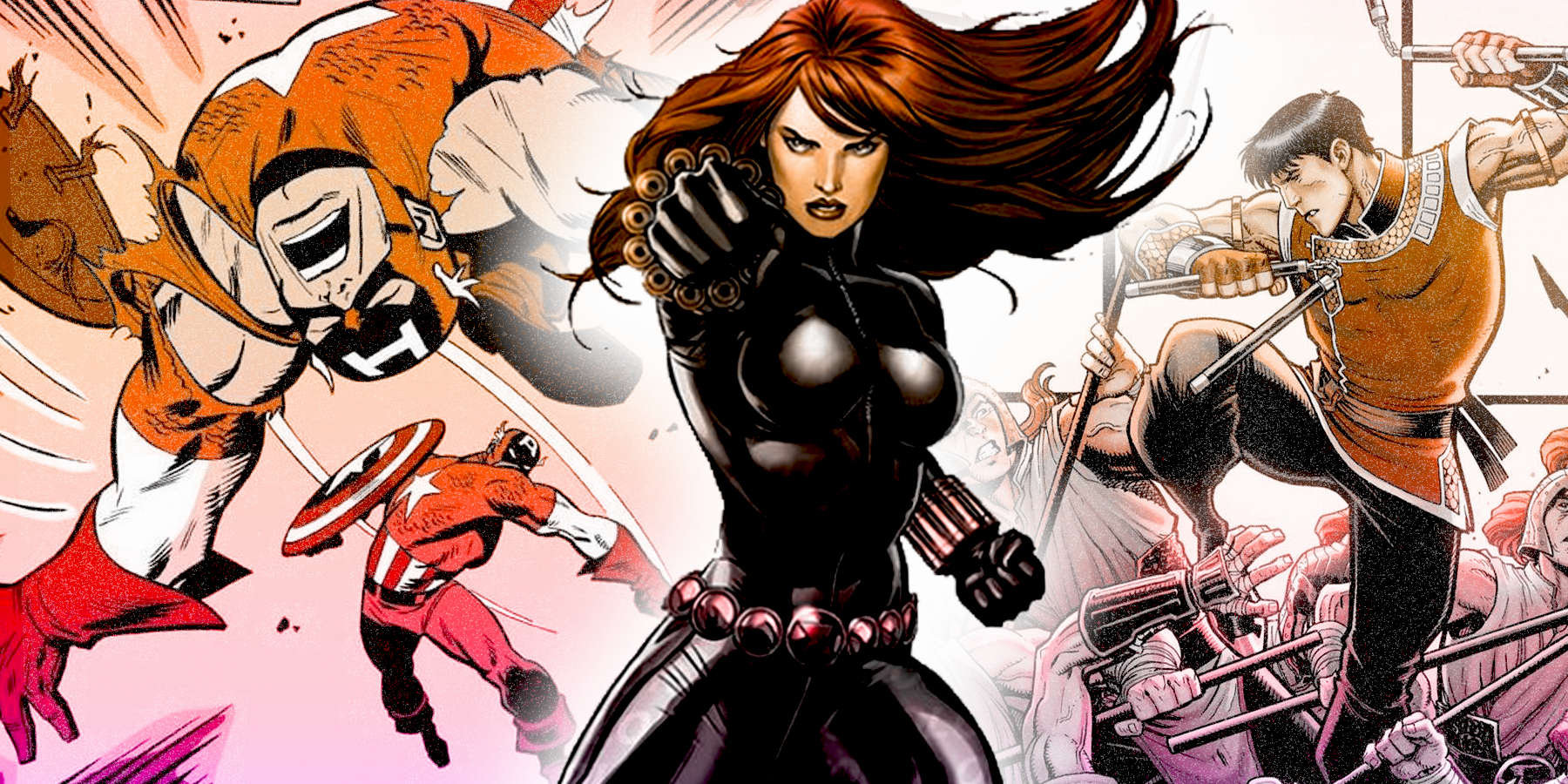 Black Widow split image with Captain America and Shang-Chi fighting