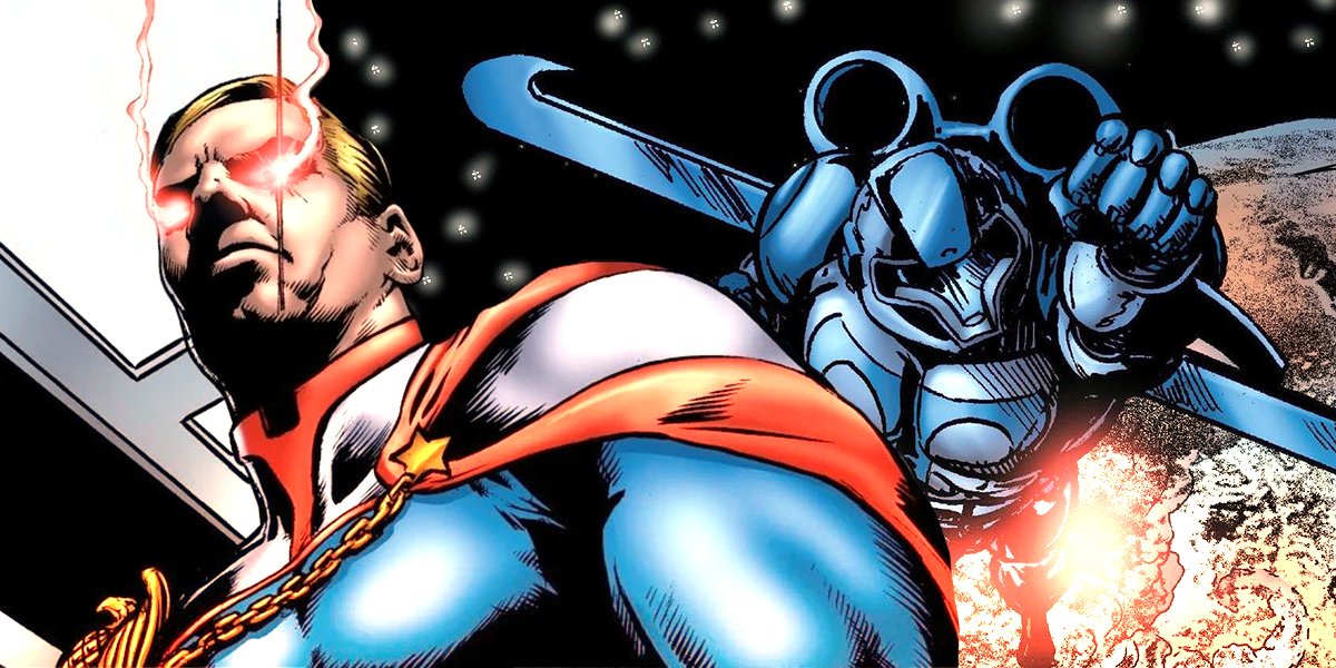 Article: The Boys 10 Shocking Moments. Image: Homelander in the comics using his laser eyes with Tek Knight flying behind him.