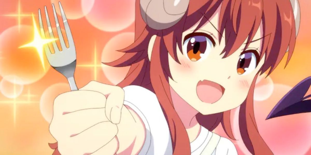 Image features visual from The Demon Girl Next Door: Yuko Yoshida with demon horns and a tail holding her fork, or "Whatchamacallit Rod"