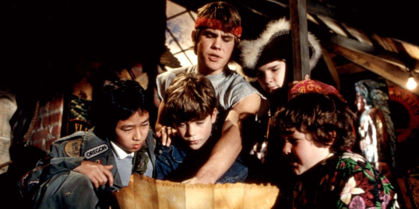 The Goonies look at a map in The Goonies.