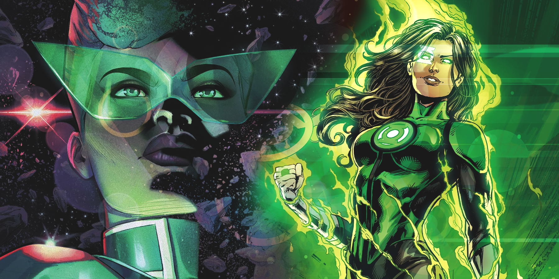 Jo Mullein and Jessica Cruz as Green Lanterns split image