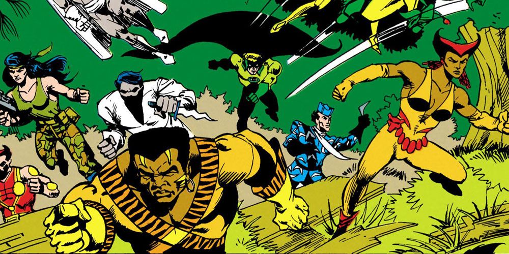 Bronze Tiger, Captain Boomerang, Vixen, and other members of the Suicide Squad rushing into battle in DC Comics.