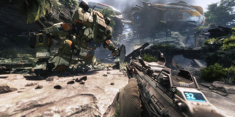 Cooper pressing forwards in a level of Titanfall 2's campaign