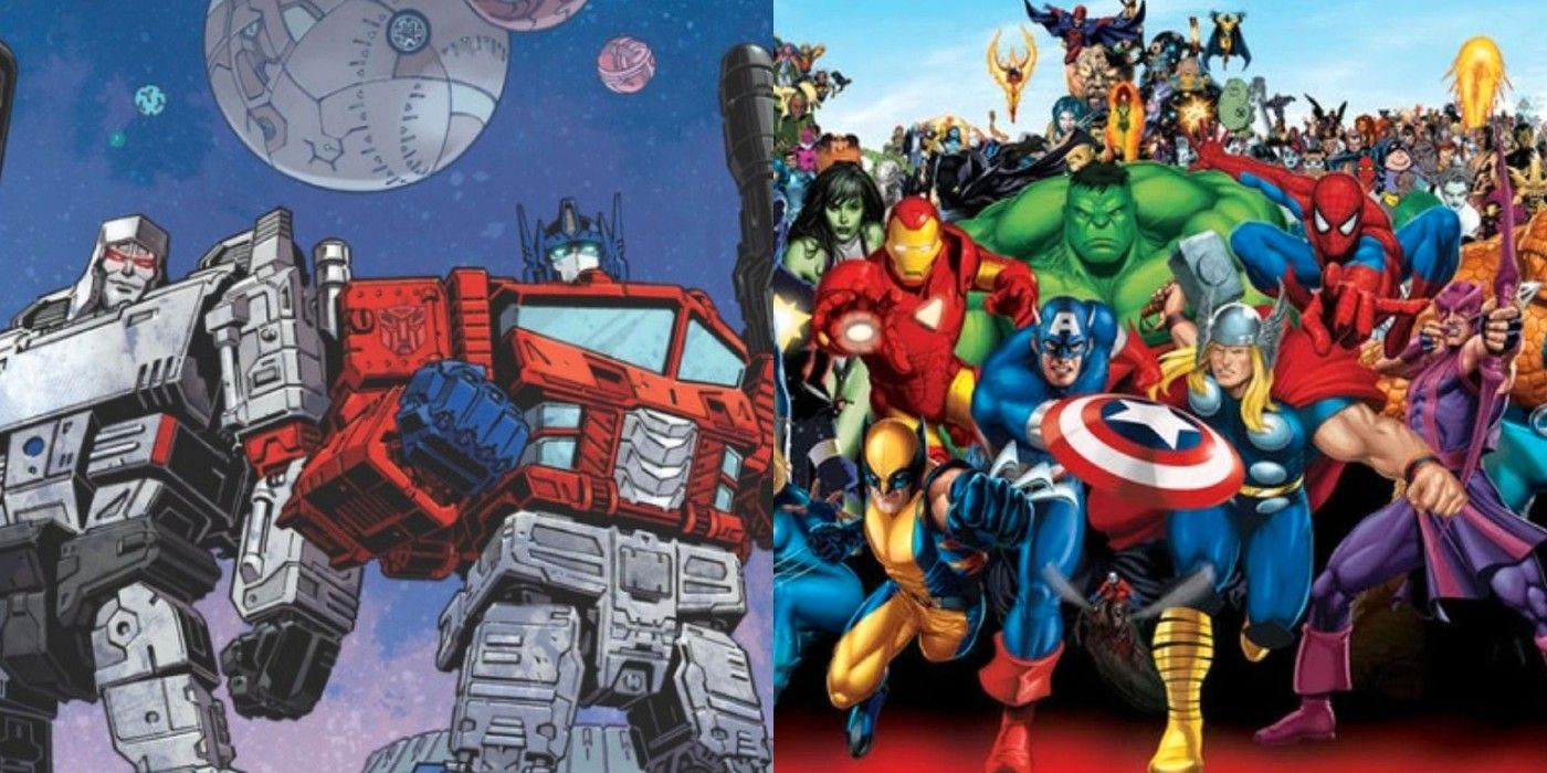 A split image showing Megatron and Optimus Prime as well as the heroes of the Marvel Universe
