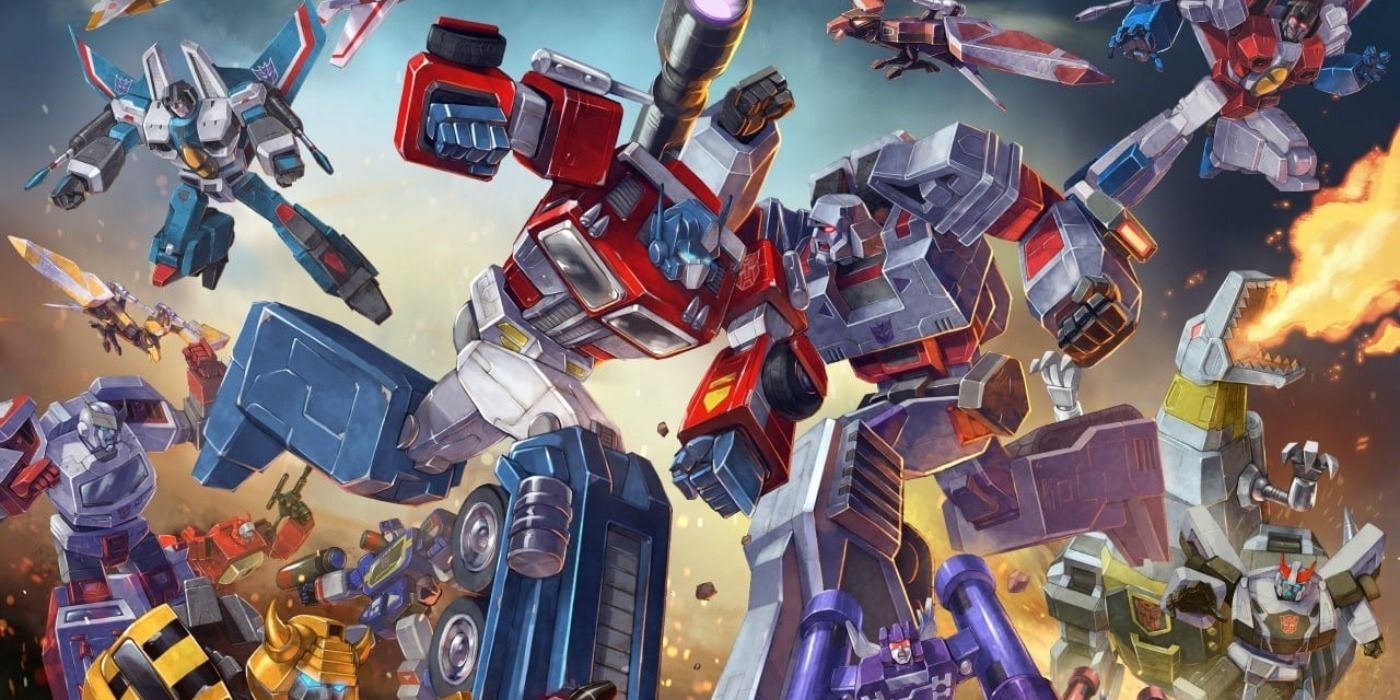 The Autobots and Decepticons of the Transformers franchise fighting each other.