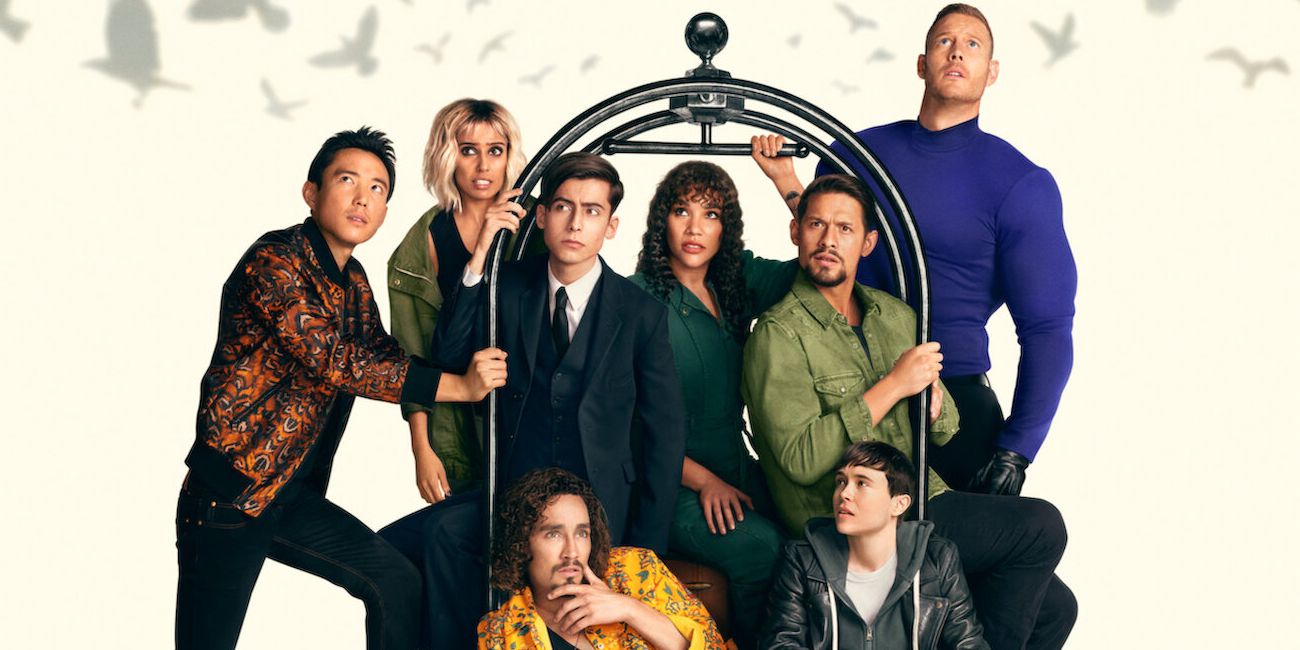 From left to right: Ben, Lila, Five, Klaus, Allison, Diego, Viktor and Luther, all struggling to fit onto a single hotel luggage cart in The Umbrella Academy.