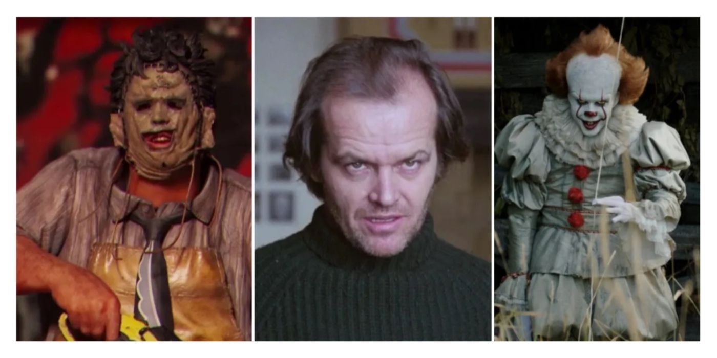 Unlikable horror movie villains - Leatherface (Texas Chainsaw Massacre), Jack Torrence (The Shining) and Pennywise (IT)