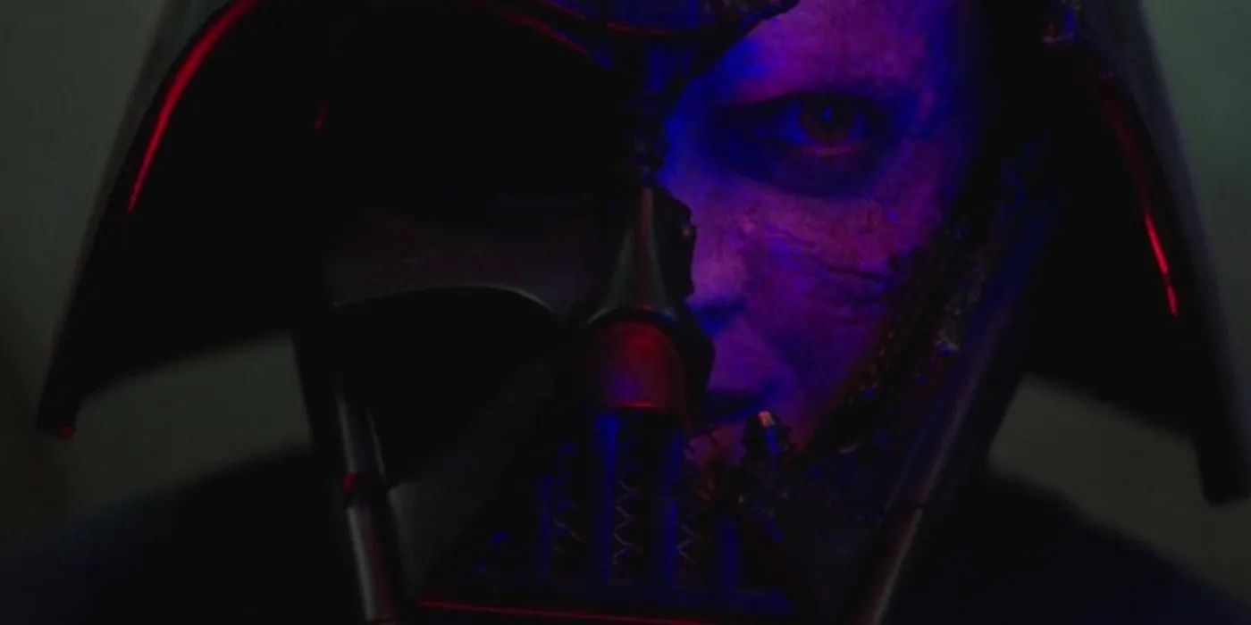 Darth Vader looks at Obi-Wan with half of his mask cut off in Obi-Wan Kenobi