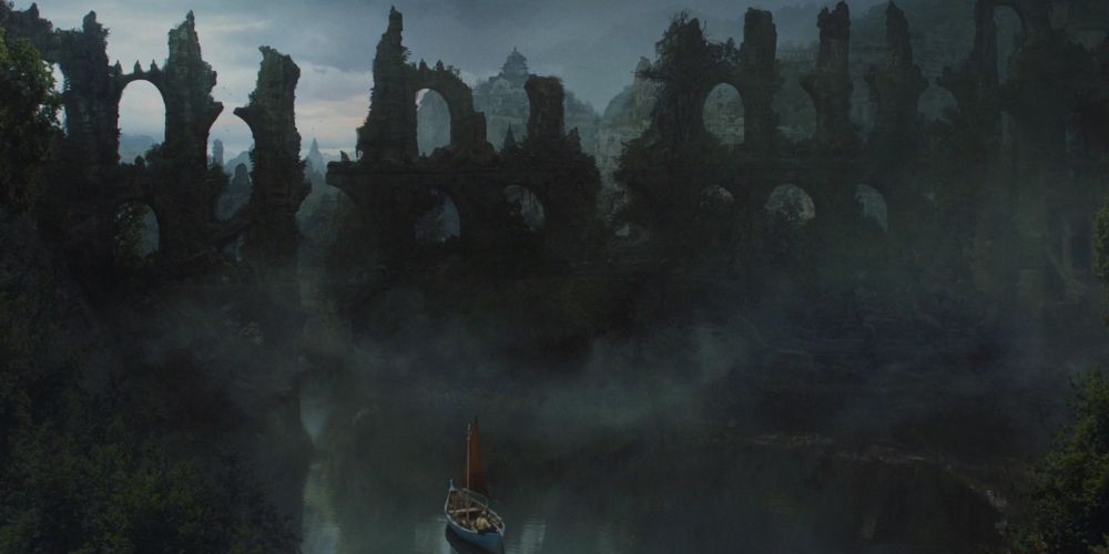 Tyrion and Jorah sail past the ruins of Valyria in Game of Thrones.
