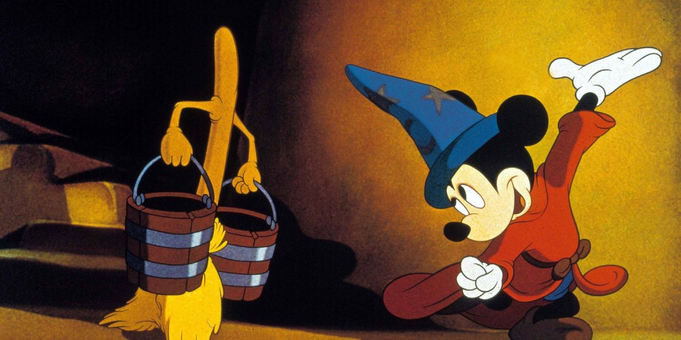 Mickey dancing with a broom in Fantasia