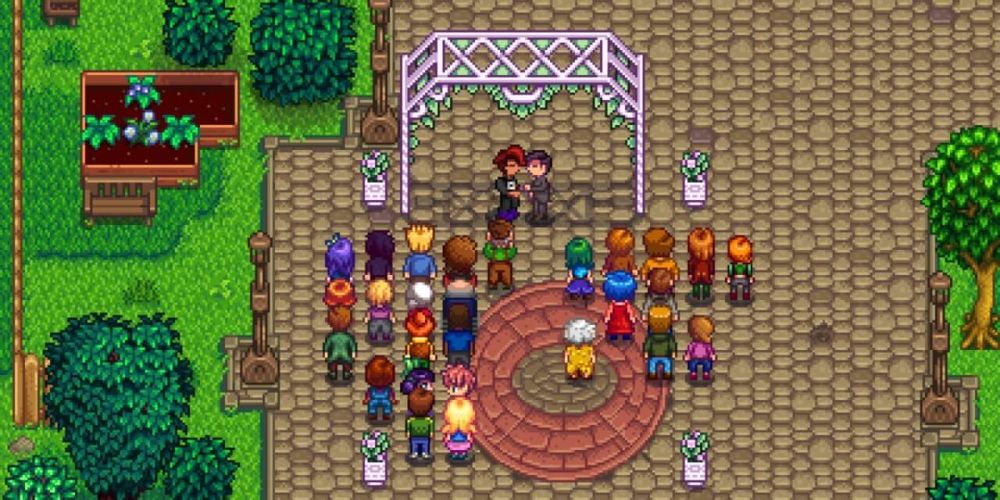 Um casamento no jogo Stardew Valley