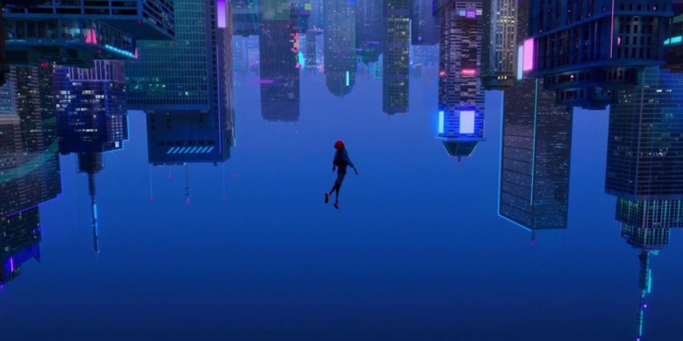 Miles falls toward the city in a screenshot from Spider-Man Into the Spider-Verse